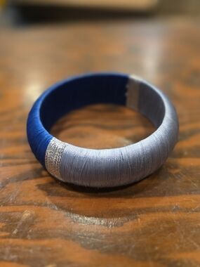 Blue, Light Blue, And Silver Wrapped Thread Bangle Bracelet